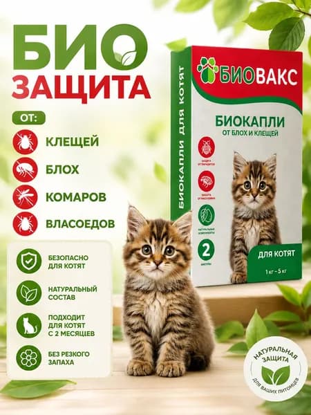Капли на холку для котят от клещей, блох, власоедов/BIO защита антипаразитная от комаров, слепней, мух "4в1"
