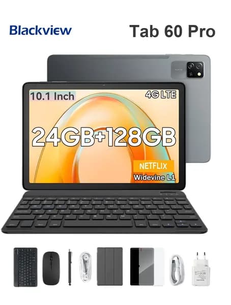 Blackview Планшет Tab 60 Pro , Android 15, 10.1'' дисплей, Комплект (мышь, клавиатура, гарнитура, стилус, защитный чехол, защитная пленка, зарядное устройство) 24ГБ ОЗУ (8ГБ + 16ГБ расширение)+128ГБ（поддержка microSD объемом до 2 ТБ）Режим ПК 2.0, 7700 мАч, Технология WiFi 5,подарок, 10.1" 128 ГБ/128 ГБ, серый, черный