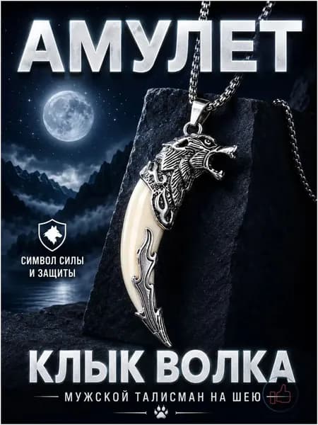 Мужская подвеска амулет оберег на шею талисман клык волка