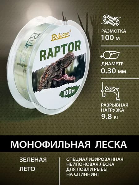 Леска для рыбалки RUBICON Raptor 100 м 0,30 мм , зелёная / Леска для спиннинга, удочки, фидера