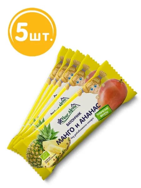 Батончики тропические Fleur Alpine Манго и ананас, для всей семьи, 5 шт по 20 г