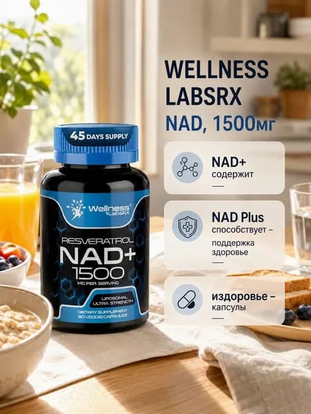 Липосомальный комплекс NAD+ с ресвератролом Wellness LabsRX 1500 мг, антивозрастная поддержка клеток, 90 вегетарианских капсул, курс на 45 дней, США