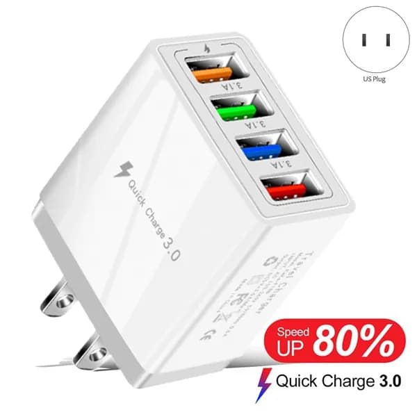 Адаптер для быстрой зарядки 4 USB со светодиодной подсветкой Адаптер QC3.0 (вилка США) Зарядное устройство (белое)