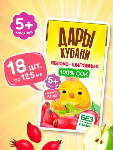 Детский яблочно-шиповниковый сок Дары Кубани, без сахара, 125 мл х 18 шт.
