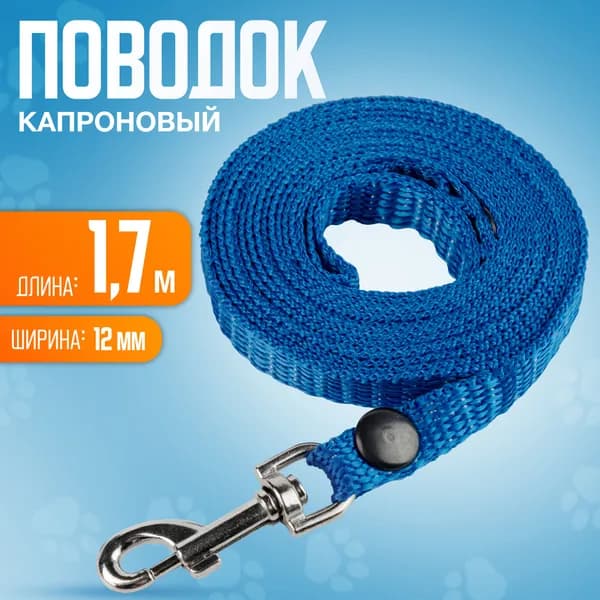 Поводок капроновый 1,7м х12мм с вращающимся карабином для мелких пород собак. ГОЛУБОЙ