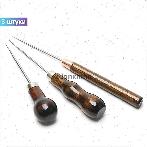 Ручной DIY набор из трех многофункциональных инструментов с деревянными ручками для кожи: шило, игла для перфорации и восстановительный скребок, подходит для шитья кожи и ремонта обуви.