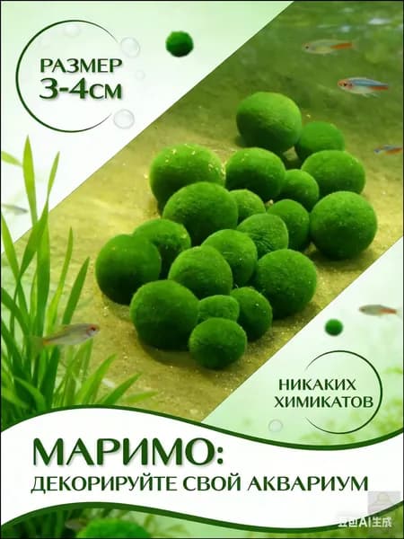 Мох Маримо 4 шт, размер 3-4 см, неприхотливый питомец для аквариума, естественно очищает воду и украшает интерьер