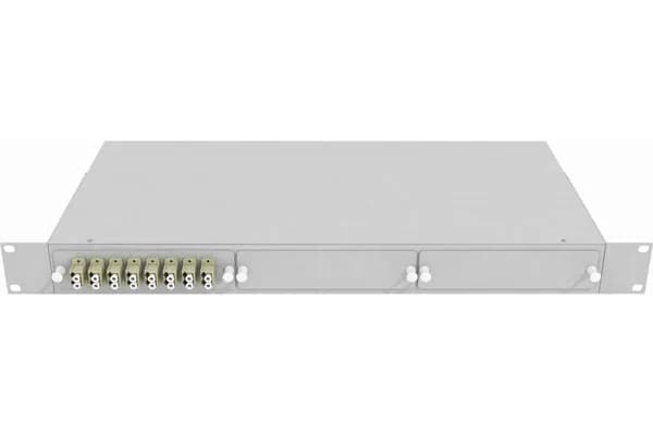 Кросс стоечный оптический VIMCOM 19'' укомплектованный 1U, 16 портов LC, 50/125 мкм (планки, сплайс-кассета, пигтейлы, адаптеры, КДЗС), серый.