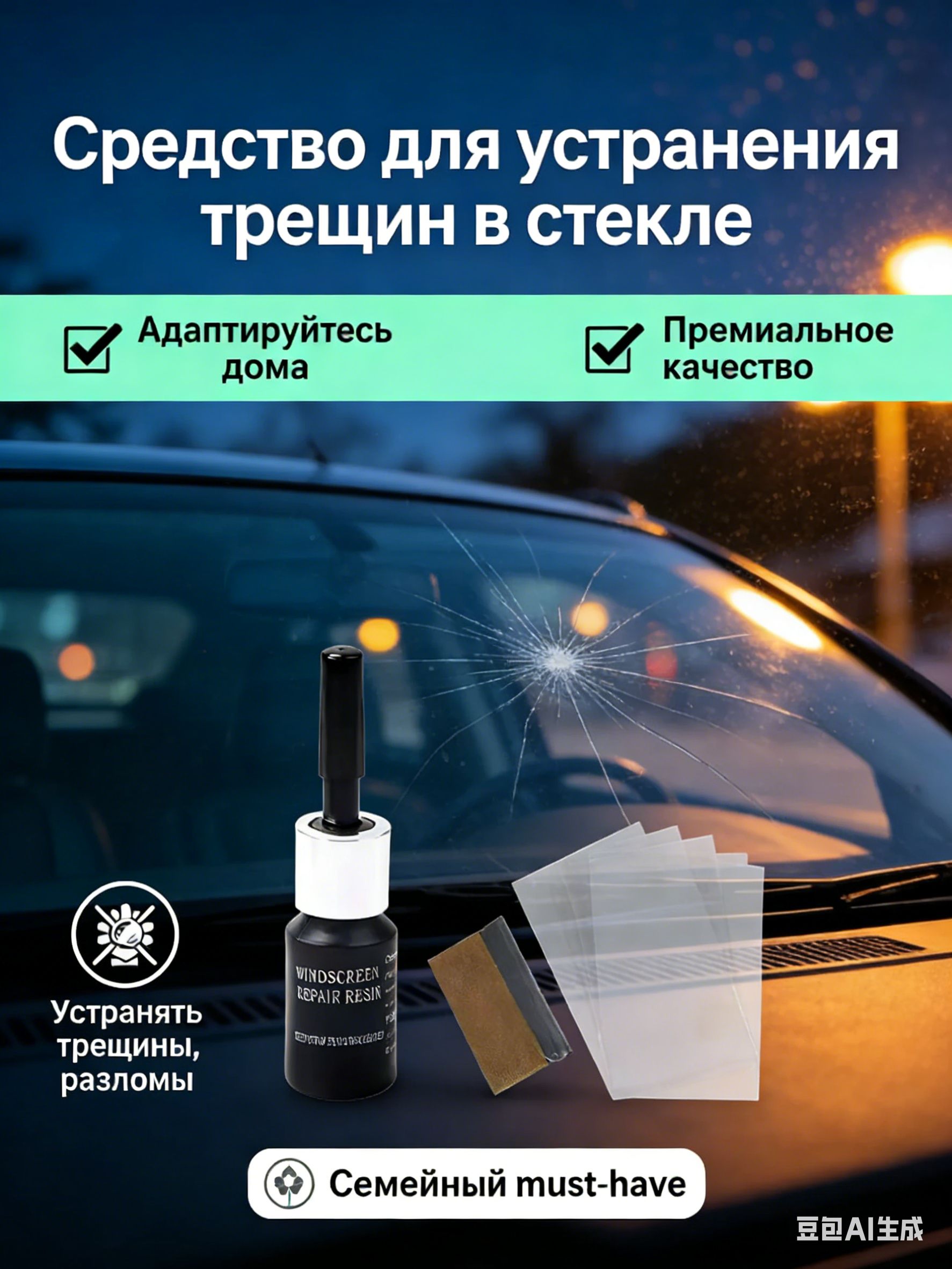 В дорогу: набор для ремонта лобового стекла удаление сколов, трещин, царапин, плёнка УФ