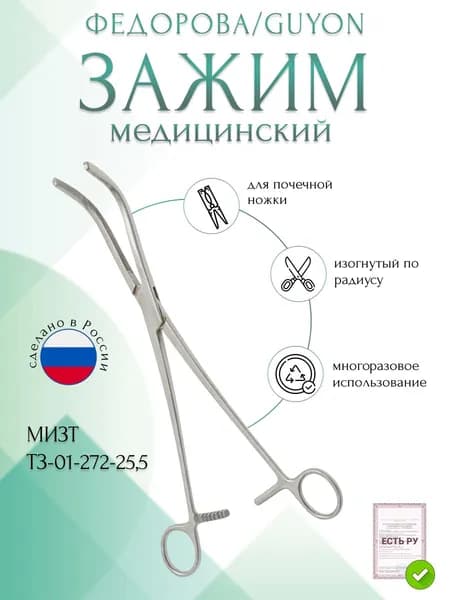 Зажим медицинский ФЕДОРОВА/GUYON,для почечной ножки, изогнутый по радиусу, большой, №2, 255 мм (З-26р), МИЗТ