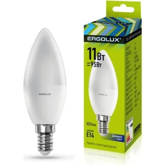 Лампочка Ergolux LED-C35-11W-E14-6K, 11 Вт, 6500 К, 1070 лм, свеча (13620 Ergolux)