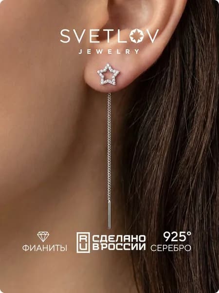 SVETLOV Серьги женские протяжки серебро 925 пробы с фианитами, Звезды