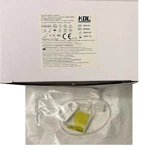 KDL Игла Губера с крыльями и инфузионной линией, 10 штук (20G (0,9 мм) х 25 мм, HN2025)