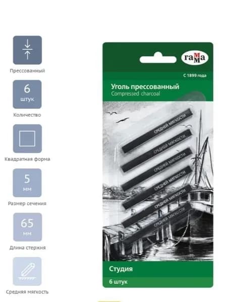 Уголь прессованный Гамма "Студия", средней мягкости, квадратный, 6шт., блистер, европодвес (080219_06)