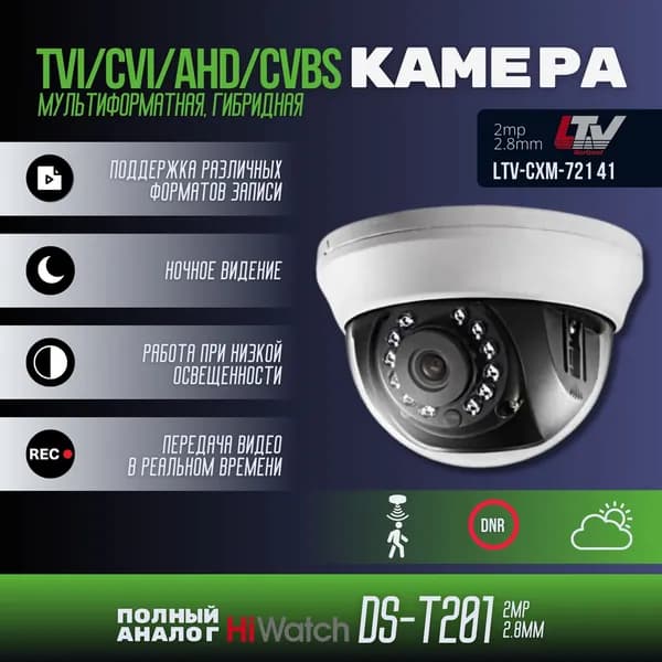Видеокамера мультиформатная 2Мп FullHD (аналог Hiwatch DS-T201)