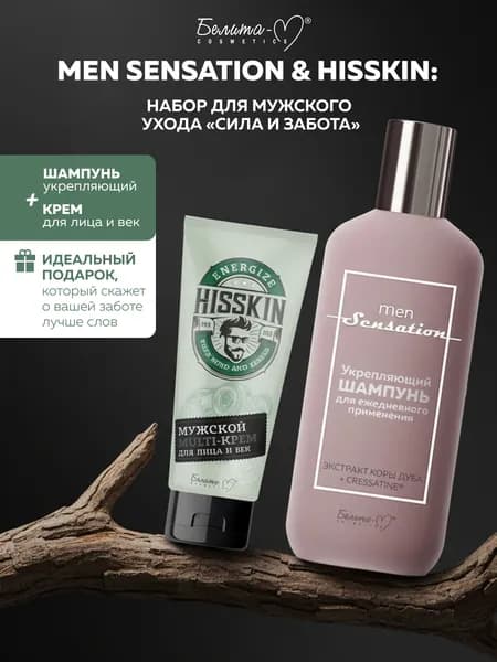 Мужской набор для ухода: укрепляющий шампунь Men Sensation и мультикрем для лица Hisskin, ежедневный уход