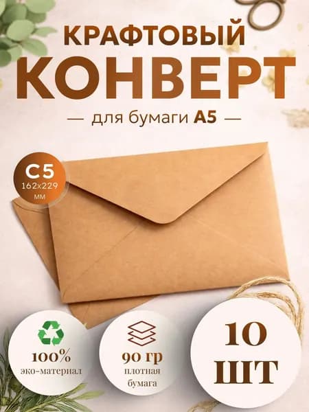 Конверт крафт С5, 162х229мм, 10 штук, крафтовый бумажный подарочный конверт с клеевым треугольным клапаном