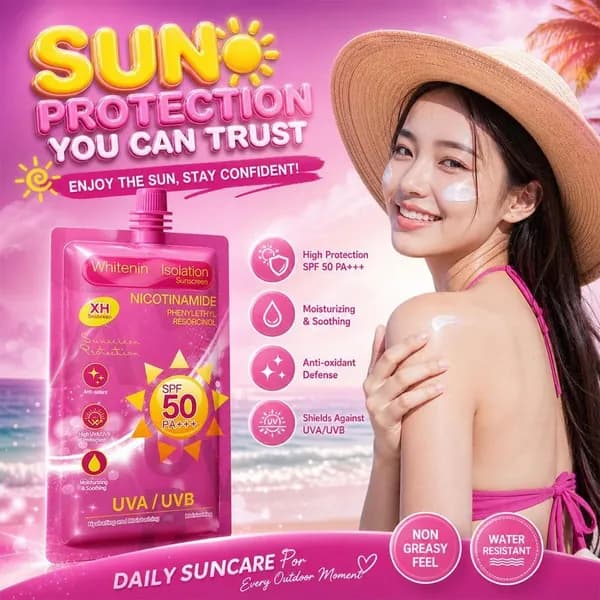 Солнцезащитный крем SPF 50 PA+++ розовый, водостойкий, с никотинамидом, увлажняет, выравнивает тон кожи