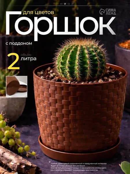 Горшок для цветов, 2 л, кашпо для растений комнатных, пластиковый с поддоном, коричневый