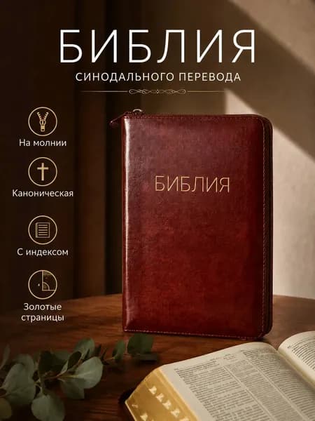 Библия православная каноническая, книга Священного писания, Ветхий и Новый завет, синодальный перевод, на русском языке, шрифт 12 кегель, на молнии, с индексами в кожаном переплете
