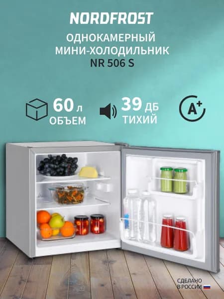 Мини-холодильник NORD NR 506 S однокамерный для дома, офиса и дачи, объем 60 л, высота 53,7 см, перенавешиваемая дверца, класс энергоэффективности А+, 39 дБ, серебристый