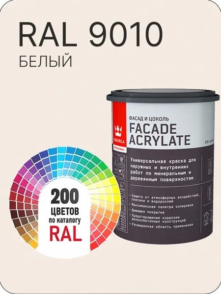 Tikkurila Facade Acrylate краска для фасадов и интерьеров цвет белый Ral 9010 0.9 л.