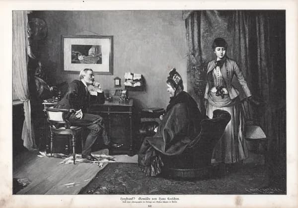 1892 год. Гравюра, Прием у врача - Сердце болит?