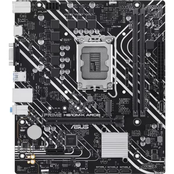 Материнская плата ASUS PRIME H610M-K ARGB, LGA1700, Intel H610, 2xDDR5, 4xSATA, 1xM.2, 1xPCIe 4.0 x16, 1xPCIe 3.0 x1, 1xVGA, 1xHDMI, 1x1Gb LAN, 2xUSB-A 5Gbps, 4xUSB-A 2.0, 3x3.5 мм, 7.1, mATX