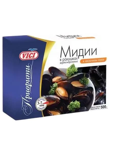 Мидии Vici Приорити в чесночном соусе варено-мороженые 500 г