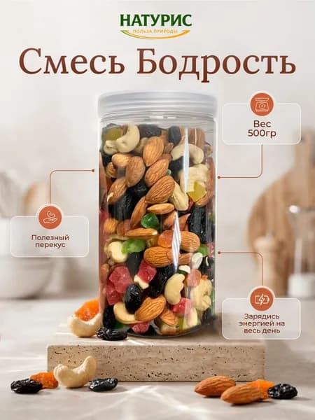 Смесь орехов "Бодрость" 500гр (миндаль, кешью, цукаты микс, изюм)
