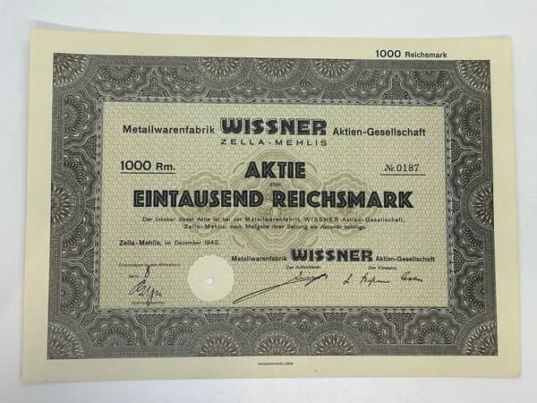 Акция Германия. Завод Wissner в Целла-Мелис, 1000 рейхсмарок 1943 год №20