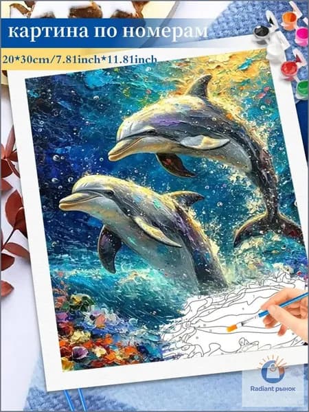Картина по номерам на холсте 20x30cm / "Дельфины" Раскраска по номерам без подрамником