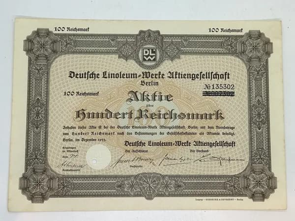 Ценная бумага Германия. Фабрика DLW, 100 марок 1933 №88