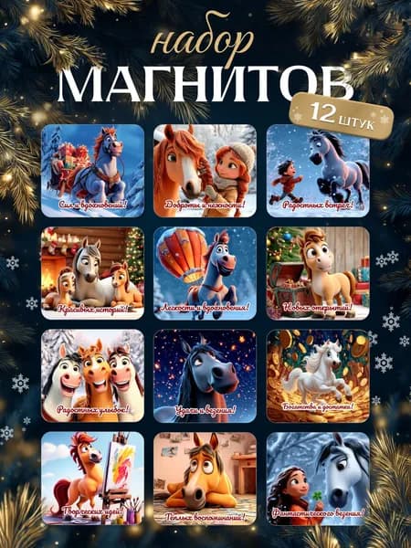 Новогодние магниты на холодильник символ года Лошади 2026