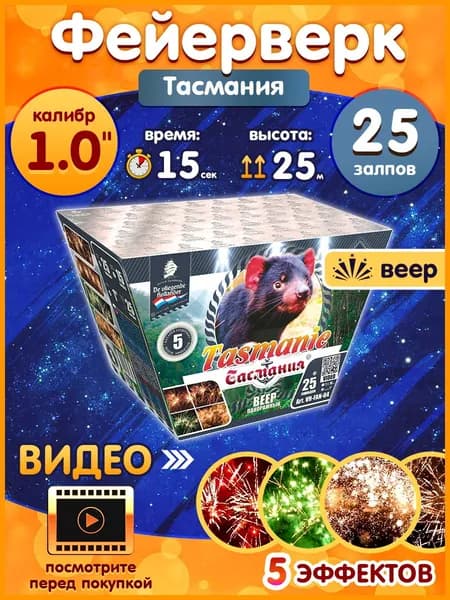 Фейерверк - Батарея салютов "Тасмания / Tasmanie", калибр 1", веерные залпы, 25 залпов, 15 секунд, 25 метров, VH-FAN-04 Летучий Голландец
