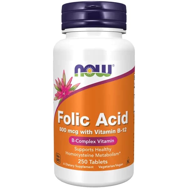 NOW Folic Acid, Фолиевая кислота + Витамин В12, 800мг 250 таблеток, Витамины спортивные, для сердца и сосудов, для нервной системы