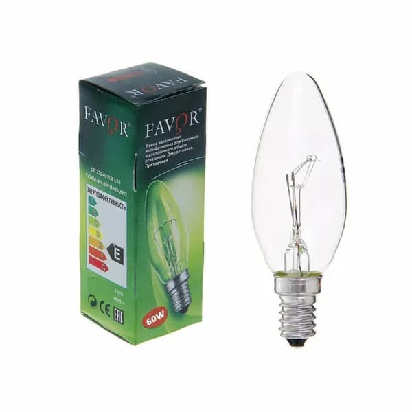 FAVOR Лампочка, Цоколь:E14, 60 Вт, Накаливания, 1 шт.