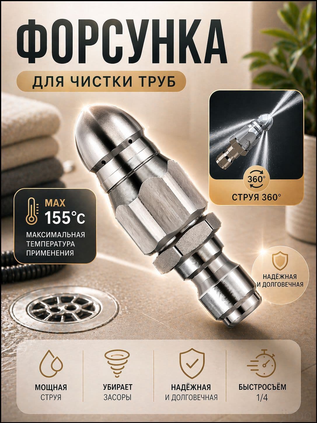 Форсунка каналопромывочная для прочистки канализационных труб, насадка на керхер высокого давления G1/4, 7 отверстий