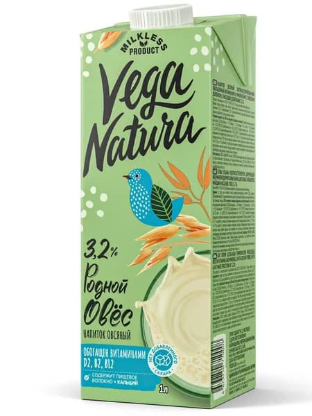 Растительное молоко Vega Natura Родной овёс 3,2% на овсяной муке, 4 л (4 шт.)