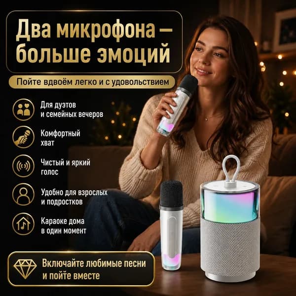 Беспроводная Bluetooth караоке-колонка с 2 микрофонами, RGB-подсветка, мощный стереозвук, портативная домашняя аудиосистема для вечеринок