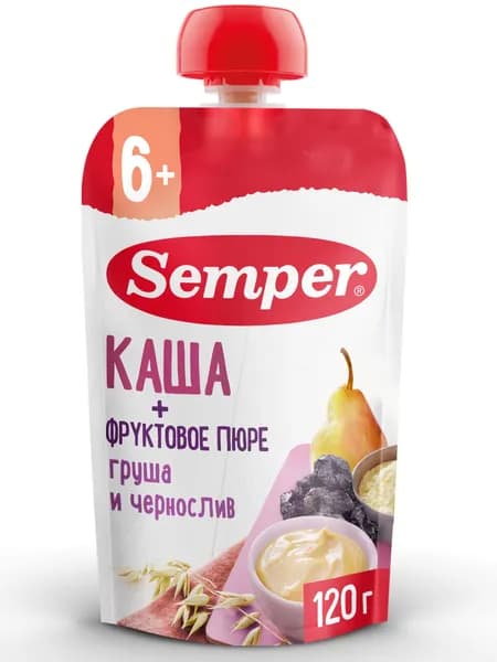 Пюре фруктовое с кашей детское Semper с 6 месяцев, Груша, чернослив, злаки, 120 г