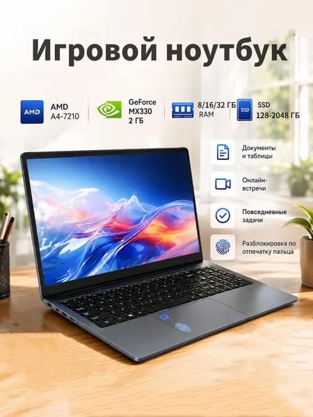 Игровой ноутбук 15.6", AMD A4-7210, RAM 16 ГБ 256 ГБ, NVIDIA GeForce MX330 (2 Гб), Windows Pro, темно-серый, Русская раскладка