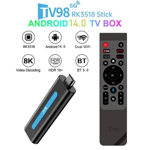 ТВ-стик TV98 RK3518, Android 14.0, декодирование 8K, двухдиапазонный WiFi, Bluetooth-пульт с голосовым управлением