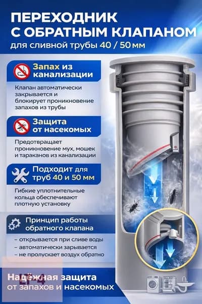 Обратный клапан для канализации 40,50 мм под раковину, переходник для сифона и гофры, антизапах, защита от насекомых