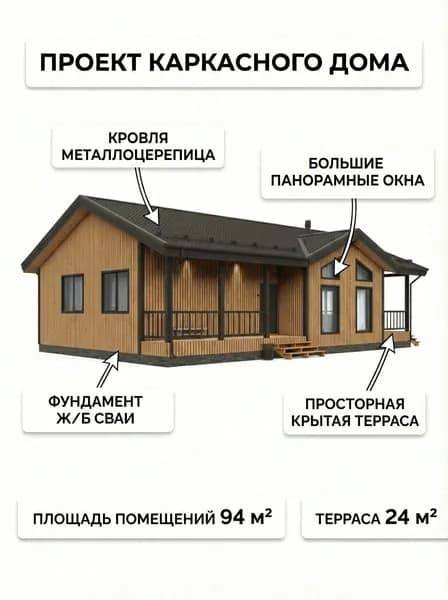 Проект одноэтажного каркасного дома 9,5х15 м.