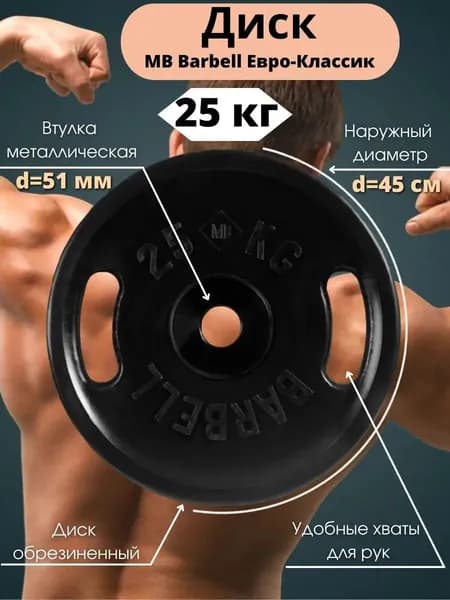 Диск/блин для штанги 25кг MB Barbell Евро-Классик (D 51мм) Черный