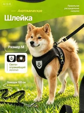Комфортная шлейка для собак, размер М, с светоотражением