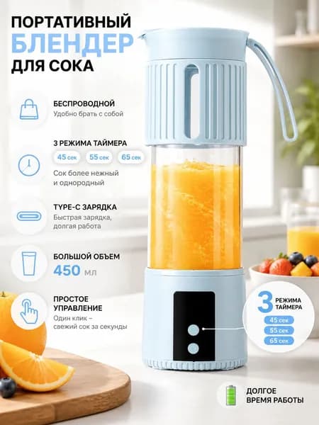 Портативный беспроводной блендер для сока 450 мл, электрический шейкер с 3 режимами таймера Type-C, блендер стакан BPA-free, голубой