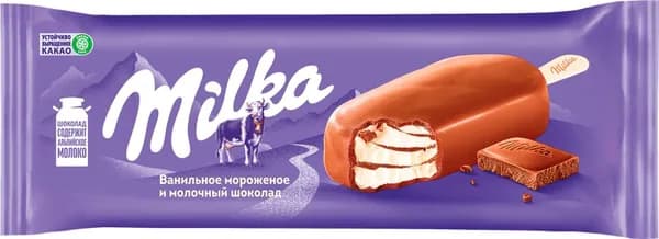 Мороженое MILKA Ванильное в молочном шоколаде, без змж, эскимо, 90мл2шт