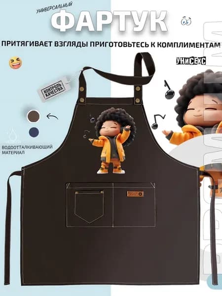Фартук девочка с афро и наушниками в жёлтой куртке